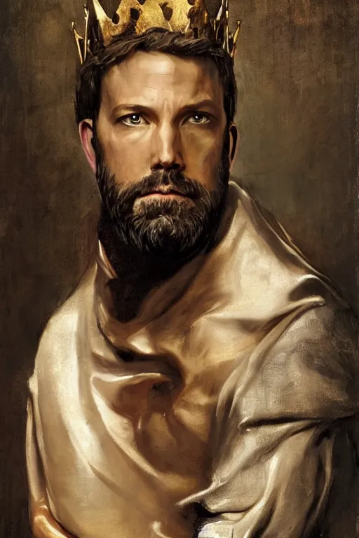 Prompt: Gorgeous full-body renaissance portrait of Ben Affleck as a king of fantasy kingdom with Crown of thorns on his head, front view, gold, artstation, very beautiful, luxurious, impressive, soft light, dazzling, divine, elegant, by Anthony van Dyck and Daniel Gerhartz