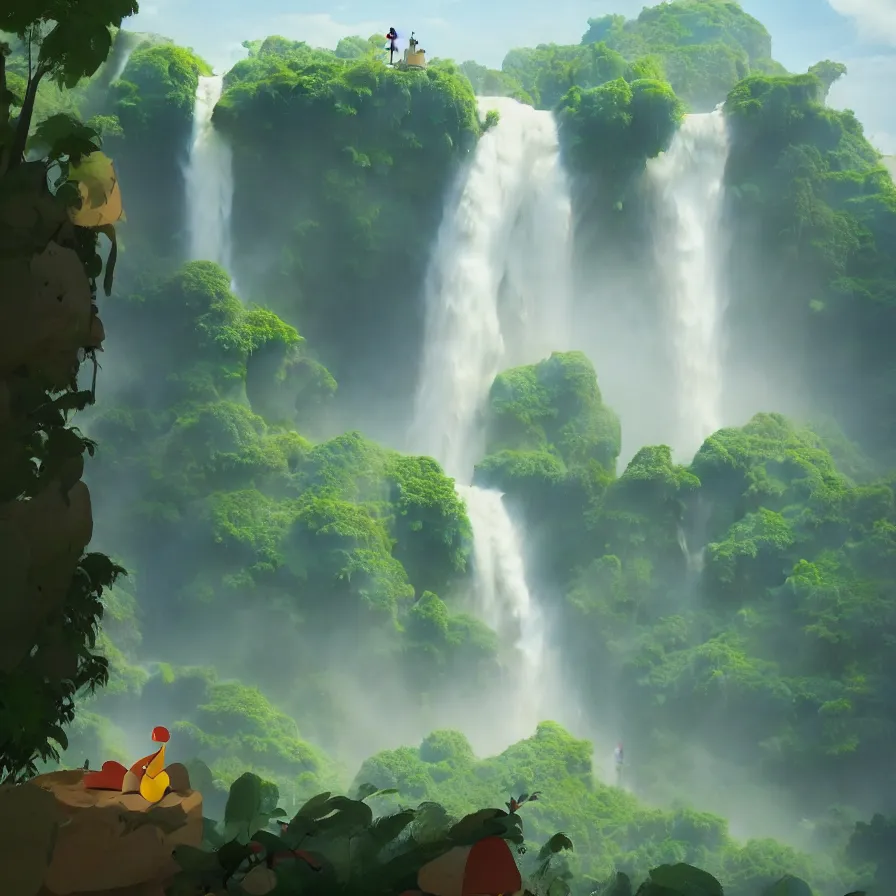 Prompt: Goro Fujita illustrating Front view of a gigantic waterfall surrounded by the Amazon, there are no animals or people, only vegetation, concept art, sharp focus, ArtStation