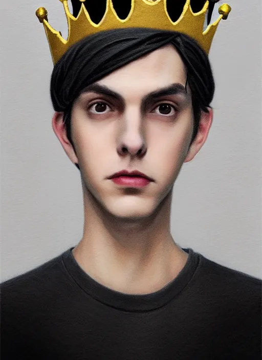 Image similar to portrait of teenage jughead jones wearing a light grey crown, photorealistic, crown made of fabric, crown with pin badges, crown with pins, crown made of felt, black hair, intricate, elegant, highly detailed, digital painting, glowing lights, artstation, concept art, smooth, sharp focus, illustration, art by wlop, mars ravelo and greg rutkowski