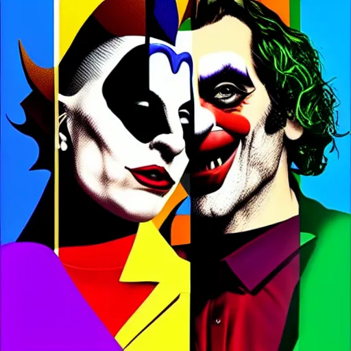 Image similar to richard hamilton and mimmo rottela as lady gaga harley queen and joaquin phoenix joker couple kissing, pop art, 2 color, left and right align, object details, dynamic composition, 4 k, ultra realistic art, smooth, sharp focus, illustration, concept art, intricate details, h 7 6 8