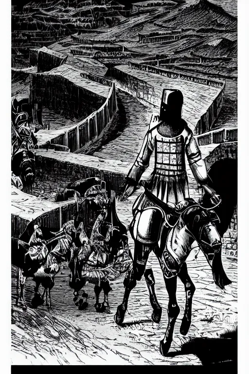 Prompt: A very detailed Chinese knight walking alone with his black horse, very detailed grand Chinese martial arts cityscape, desolate, black & white, silhouette by janus, Brian Bolland, book cover