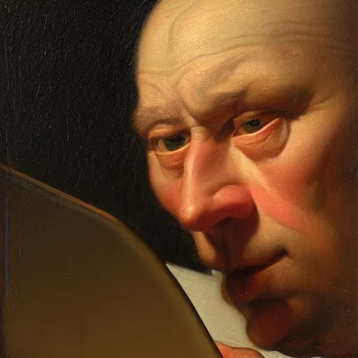 Prompt: realist close up portrait of a man pointing at a laptop, oil on canvas, aged, focused, sharp, detailed, 8 k by joseph ducreux