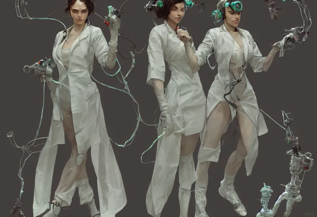 Image similar to a full body character design by artgerm, cushart krenz, greg rutkowski and alphonse mucha. mad scientist woman lab coat!! green plasma laser gun!! cyborg limbs!! sharp edges. ultra clear detailed. 8 k. ultra detailed, elegant, intricate, octane render.