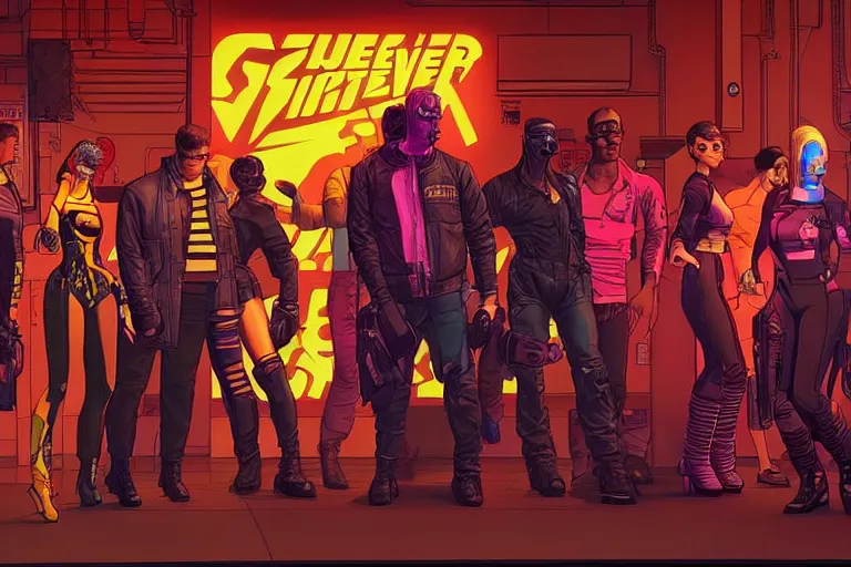 Image similar to cyberpunk heist crew in nightclub. portrait by stonehouse and mœbius and will eisner and gil elvgren and pixar. character design. realistic proportions. cyberpunk 2 0 7 7 character art, blade runner 2 0 4 9 concept art. cel shading. attractive face. thick lines. the team. diverse characters.