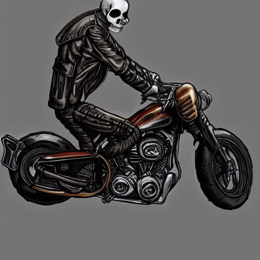 Image similar to a cool skeleton riding a harley davis motorcycle wearing a leather jacket and smoking a cigar, cyberpunk aesthetic, digital art, trending on artstation