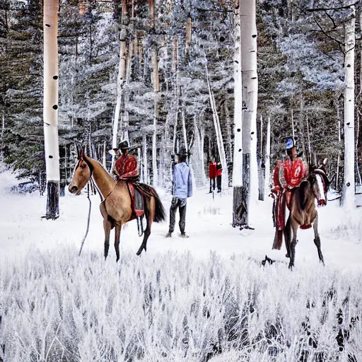 Image similar to digital art photograph savage plains indians on the warpath riding horses through some aspen trees in the snow