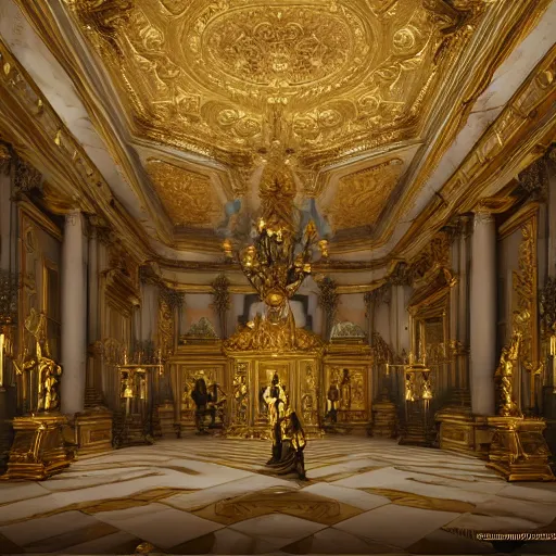 Image similar to baroque versailles interior with statues and golden decorations, baroque furniture, by peter mohrbacher dan mumford craig mullins nekro, cgsociety, pixiv, volumetric light, 3 d render