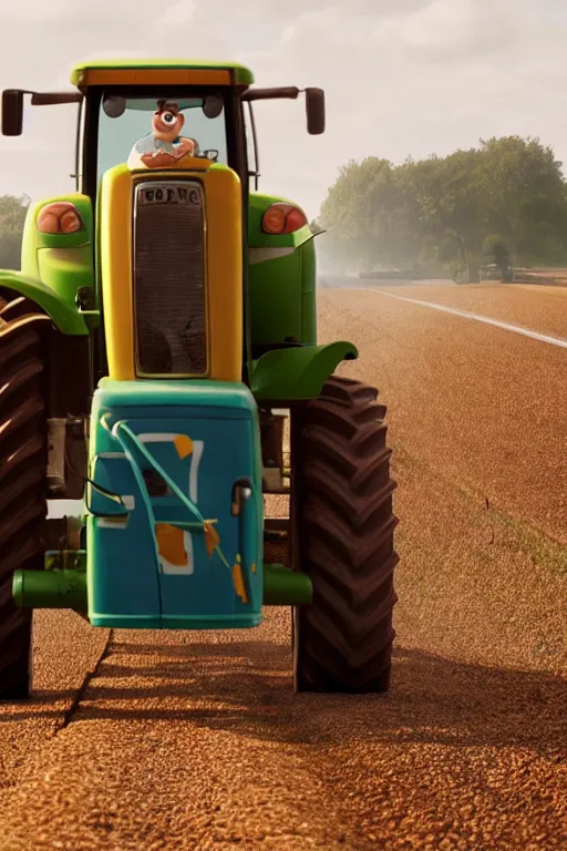 Image similar to film still of a pixar movie with a dutch farmer on a tractor on the highway, glamour pose, dramatic lighting, octane, volumetric lighting, 8 k