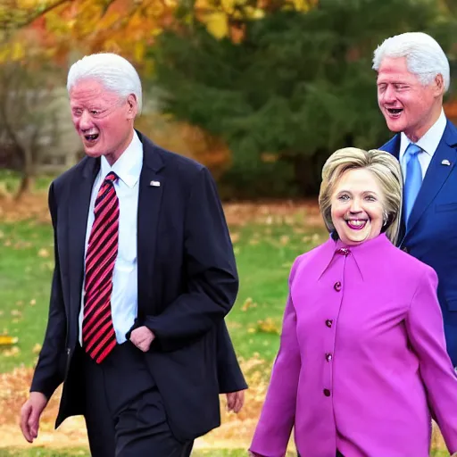 Image similar to Hillary and Bill Clinton dressed in Halloween costumes trick or treating at Joe Biden's house