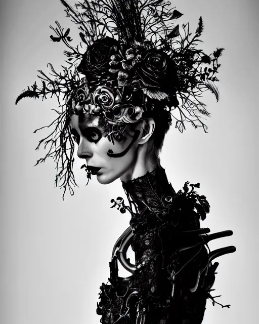 Image similar to surreal dark poetic black and white photo portrait of complex bio-mechanical beautiful young silver female vegetal-cyborg with a fur metal fine lace face, a very long neck and a fine metal floral foliage super big gothic lace collar and high floral crown by Vivienne Westwood:: smoke, high fashion, haute couture, rococo, avant-garde, dry black roses, silver filigree details, anatomical, facial muscles, cable wires, microchip, elegant, dreamy, foggy atmosphere, hyper realistic, 150 mm lens, soft rim light, octane render, unreal engine, picture was taken in 1910 by Man Ray, volumetric lighting, dramatic light,8k,