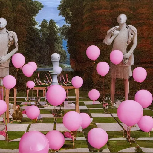 Image similar to David Friedrich, giant marble chess pieces, gold rings, liminal spaces, party balloons, checkered pattern, mirrors, David Friedrich, award winning masterpiece with incredible details, Zhang Kechun, a surreal vaporwave vaporwave vaporwave vaporwave vaporwave painting by Thomas Cole of an old pink mannequin head with flowers growing out, sinking underwater, highly detailed