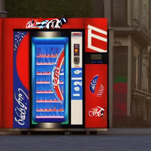 Image similar to a pepsi - style vending machine on a deserted summer street full of cans of coca - cola, cinematic composition, artstation, concept art