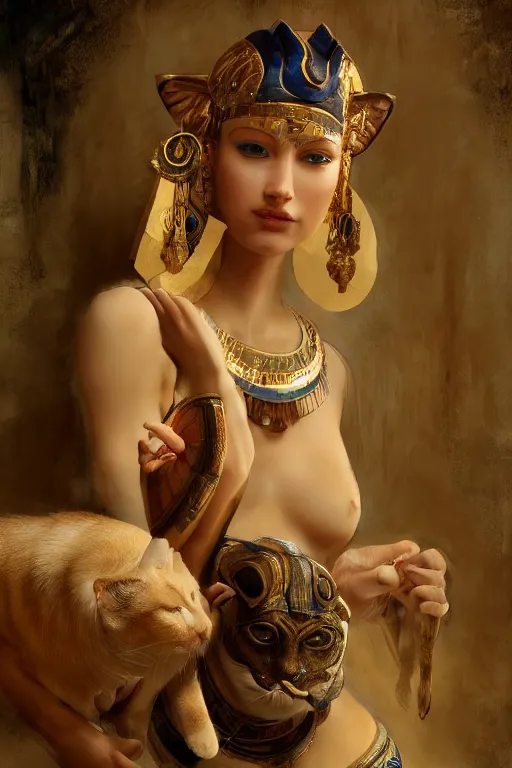 Image similar to portrait of the beautiful egyptian goddess, bastet, bast, woman / cat hybrid, soft torchlight in an egyptian tomb, digital art by ruan jia and mandy jurgens and artgerm and william - adolphe bouguereau, highly detailed, trending on artstation, award winning,