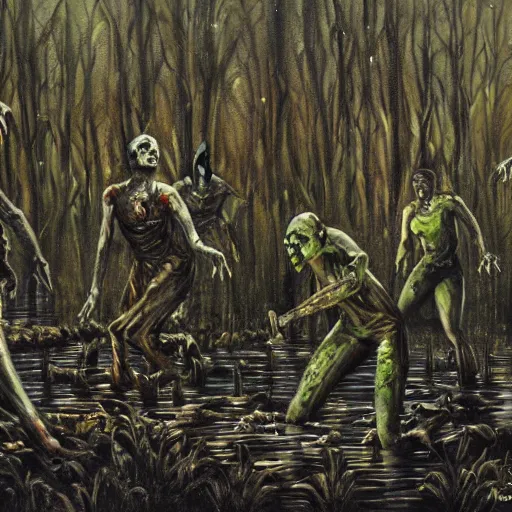 Prompt: zombies stuck in quicksand in the swamp at night, painting