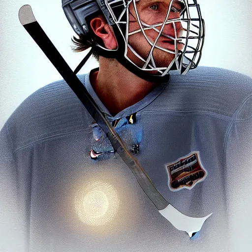 Image similar to beautiful portrait of hockey coach Clint Malarchuk, fantasy, intricate, elegant, highly detailed, digital painting, artstation, concept art, smooth, sharp focus, luxury fashion illustration, art by artgerm and greg rutkowski and alphonse mucha, brightly lit cinematic soft lighting, photorealistic