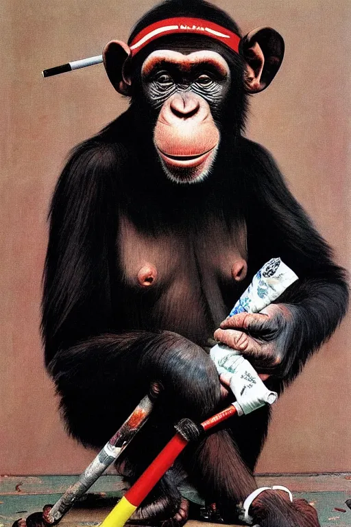 Image similar to a chimp in a clown suit, smoking a cigarette, painted by Norman Rockwell