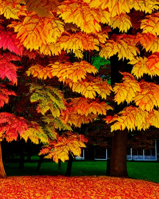 Prompt: Golden autumn, Spreads out Spreads out the leaves, Colorful leaves are lying on the ground, colorful autumn trees, red-yellow colors, autumn, vaporwave pastelwave