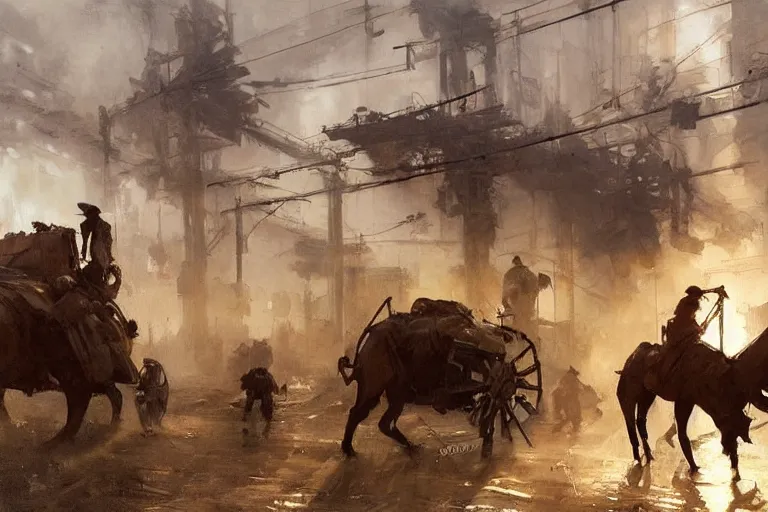 Image similar to oil painting of a silt strider transport in dusty wild west street, art by anders zorn, wonderful masterpiece by greg rutkowski, beautiful cinematic light, american romanticism by greg manchess, jessica rossier