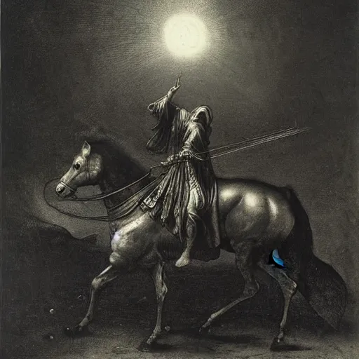 Prompt: the headless horseman by rembrandt gustave dore h r giger hieronymus bosch