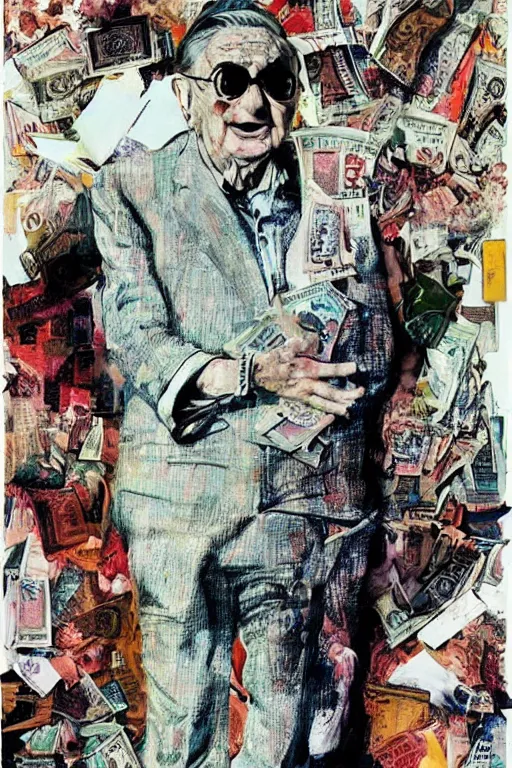 Image similar to George Soros full body shot, dollar bills Body horror, biopunk, by Ralph Steadman, Francis Bacon, Hunter S Thompson