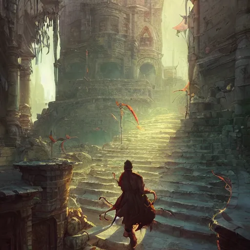 Image similar to the steps of a a crumbling stone temple in the middle of a bustling city, huge crowd on the street, fantasy, marc simonetti, anato finnstark, randy vargas, diego gisbert llorens, bayard wu, fantasy concept art, trending on artstation, 4k