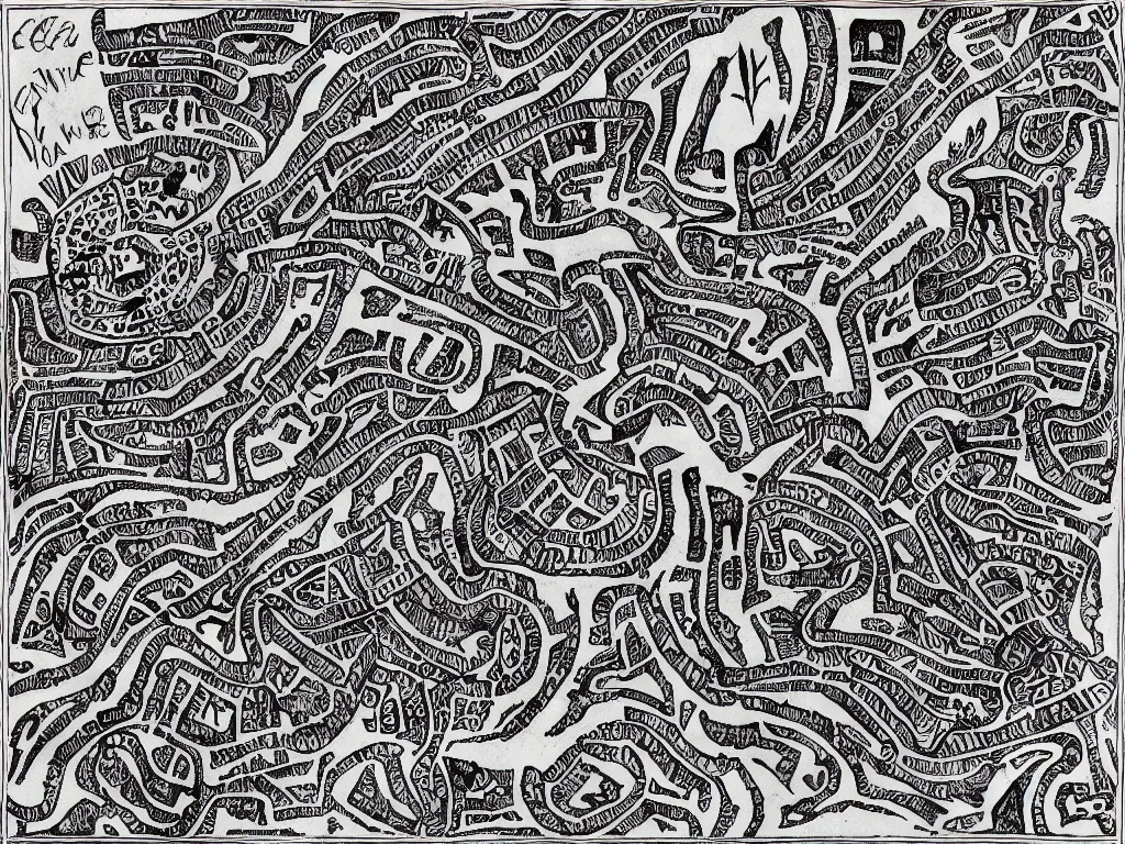 Image similar to South Carolina cave map full of old runic glyphs, Ink drawing, fine point pen