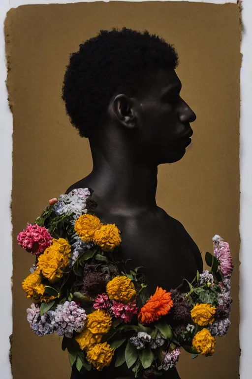 Prompt: a black young man's face in profile, no beard, made of flowers and fruit, in the style of the Dutch masters and Alec Soth, dark and moody