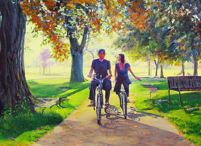 Image similar to a couple on bicycles in the park painting by Viktor Tsvetkov