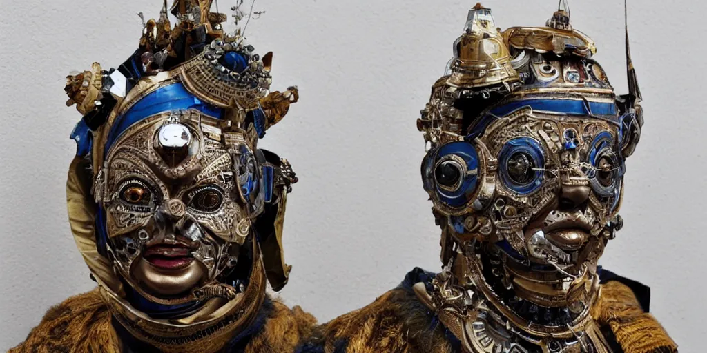 Prompt: a beautiful cyborg made of ceremonial ukrainian maske