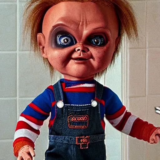 Image similar to chucky the killer doll standing in the bathroom