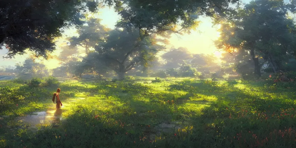 Image similar to an extraordinarily beautiful oil painting of a landscape in spring during sunrise ; lush vegetation ; the most beautiful painting in the world ; by makoto shinkai and craig mullins