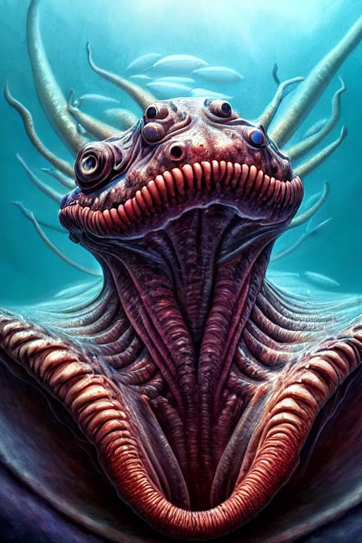 Prompt: hyperrealistic close-up surrealism underwater creature monster!! highly detailed concept art eric zener elson peter cinematic hard lighting high angle hd 8k sharp shallow depth of field, inspired by David Paul Cronenberg and Zdzisław Beksiński