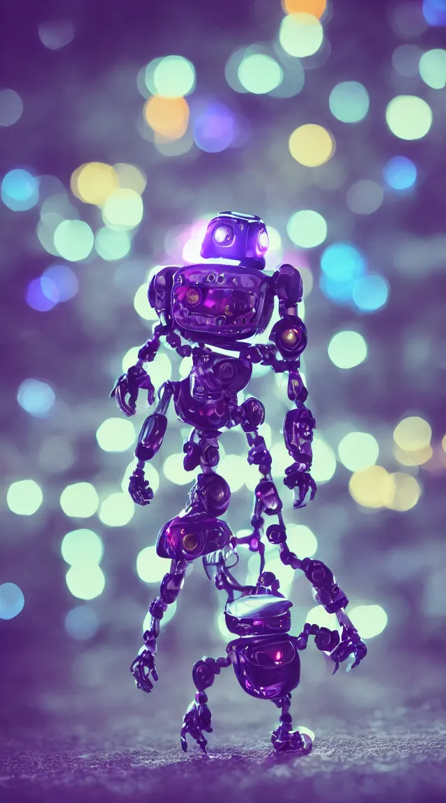 Image similar to tiny robot with purple lights, professional photo, hdr, bokeh, sci fi