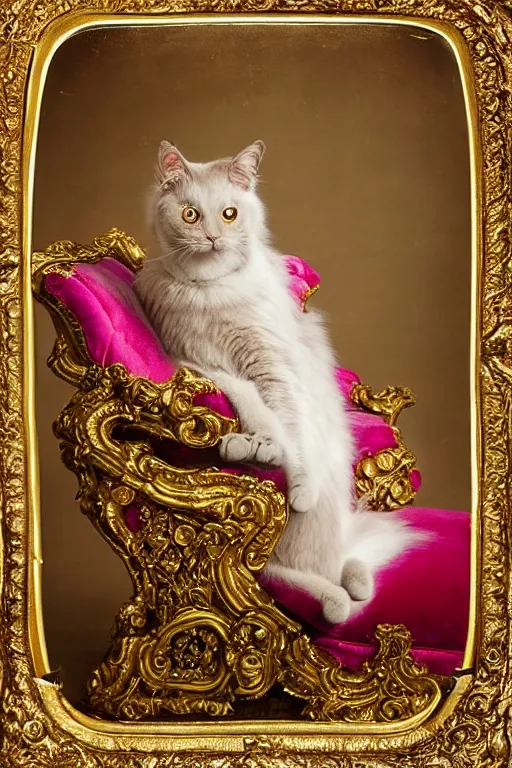 Image similar to tintype photography, portrait of a royal cat in his royal robes, outrageously fluffy, on an embroidered velvet cushion on a neo - rococo gilded little bed, by david lachapelle, photorealistic, photography, wide shot