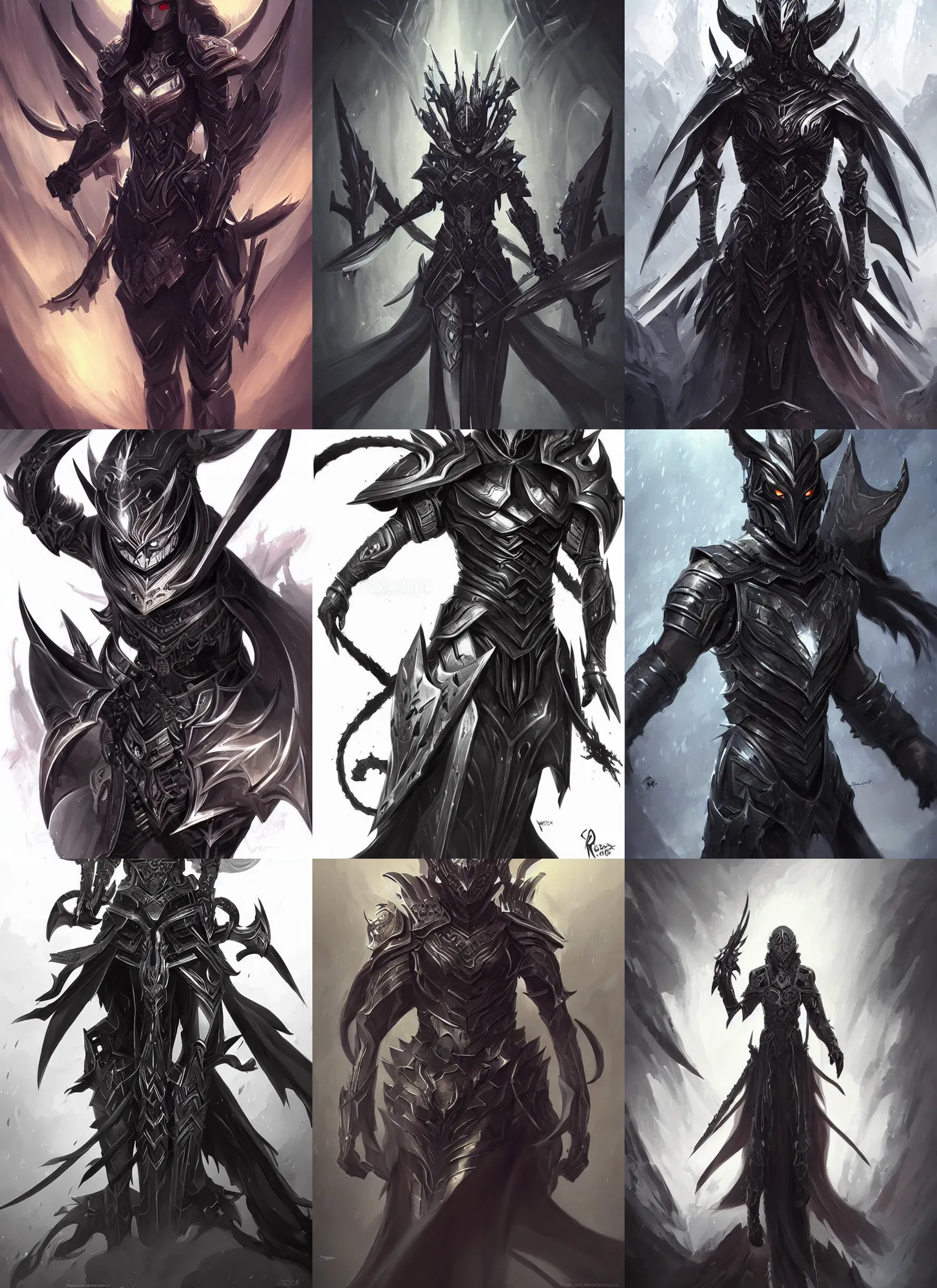 Prompt: set of armor possessed by vengeful spirit, black, evil, menacing, high fantasy, highly detailed, smooth, sharp focus, digital illustration, by rossdraws, artgerm, wlop