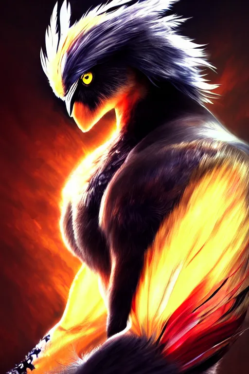 Prompt: Tekken 4 fighter anime Stunning Portrait right side profile giant Robot Owl with feathers all over its body, short black feathers with a samurai sword on its back, in a fighting stance, digital painting, artstation, concept art, soft light, hdri, smooth, sharp focus, illustration, art by tian zi, craig mullins, Mark Arian, WLOP, alphonse mucha