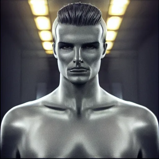 Image similar to “a realistic detailed photo of a guy who is an attractive humanoid who is half robot and half humanoid, who is a male android, David Beckham, shiny skin, posing like a statue, blank stare”