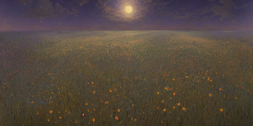 Image similar to field of flowers at night, lit by moonlight, landscape art by donato giancola and greg rutkowski, vintage retro, digital art, trending on artstation, symmetry!!, volumetric lighting