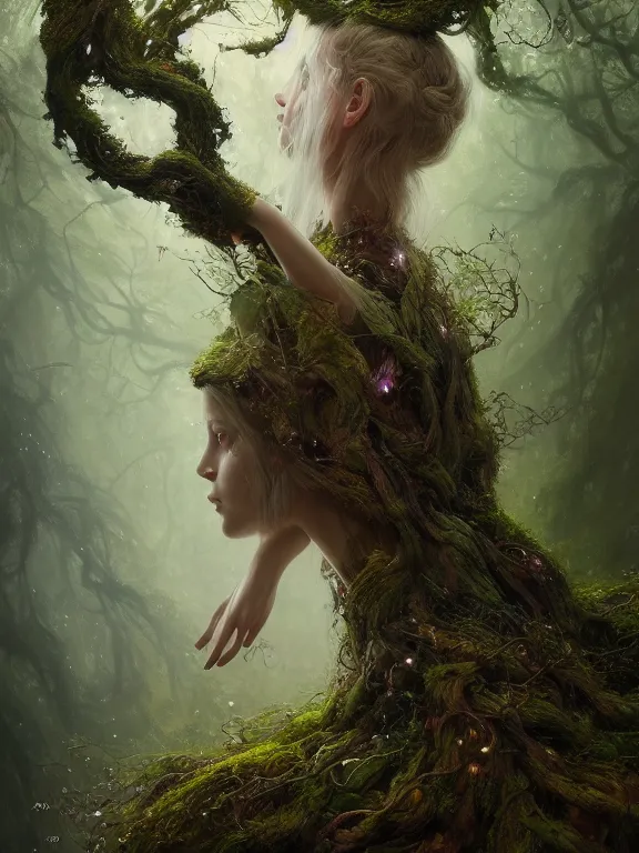 Image similar to Full View Portrait Mystical ethereal deity of oak trees wearing beautiful dress in a magic forest, Oak Dryad made of vines tree bark moss beautiful dress, 4k digital masterpiece by Greg Rutkowski and Ruan Jia and Tom bagshaw, Alberto Seveso, fantasycore, Hyperdetailed, realistic oil on linen, soft lighting, featured on Artstation, textured, stylized, intricate details