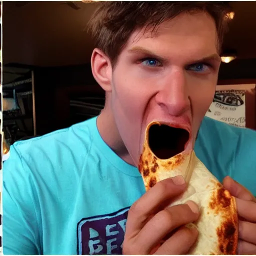 Image similar to Jerma eating a taco bell burrito like a snake, his jaw is unhinged and he has swallowed half of the burrito whole