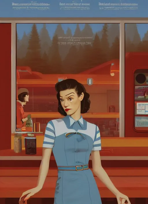 Prompt: Twin Peaks poster artwork, portrait of Zendaya wearing light blue color diner waitress dress, she is a high school student working in the RR diner from Twin Peaks, from scene from Twin Peaks by Michael Whelan, Bob Larkin and Tomer Hanuka, simple illustration, domestic, nostalgic, clean, full of details, by Makoto Shinkai and thomas kinkade, Matte painting, trending on artstation and unreal engine, New Yorker magazine cover