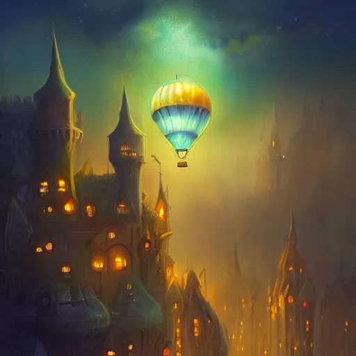 Prompt: a beautiful stunning fantasy whimsical matte digital illustration of a scene of a hot - air balloon powered by magic! over a lit city at night by marc simonetti, pastel color palette, disney magic the gathering steampunk!!!, chiaroscuro magical! bokeh moon stars dramatic romantic! epic breathtaking, trending on artstation hq, masterpiece