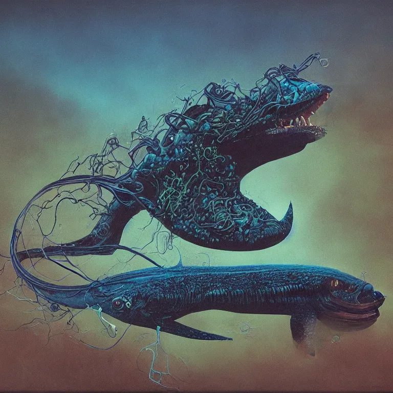 Prompt: Hyperrealistic intensely colored studio Photograph portrait of a deep sea bioluminescent Electric Kaiju Eel sitting in a lawn chair, award-winning nature deep sea oil painting by Audubon and Zdzisław Beksiński vivid colors hyperrealism 8k