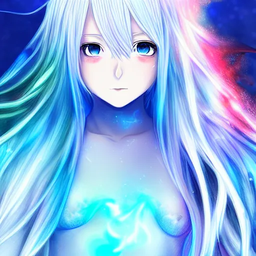 Image similar to advanced digital anime art, a very cute gorgeous teenage girl with a body made of fire and ice , full body, very long snow colored hair, sky blue highlights in hair, red fiery watery eyes, wearing a dress made of water, full round face, dramatic cinematic lighting, wideshot, highly intricately detailed, glitched background, cracked screen, trending on pixiv, Artstation, painted by Rossdraws and the style of Sakimimichan