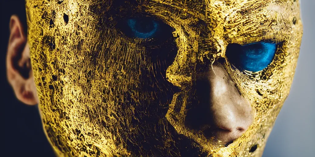 Image similar to half a human face, skin layers made of metal, cyber punk, strong yellow light reflecting off the skin, studio lighting, professional photography, film prop