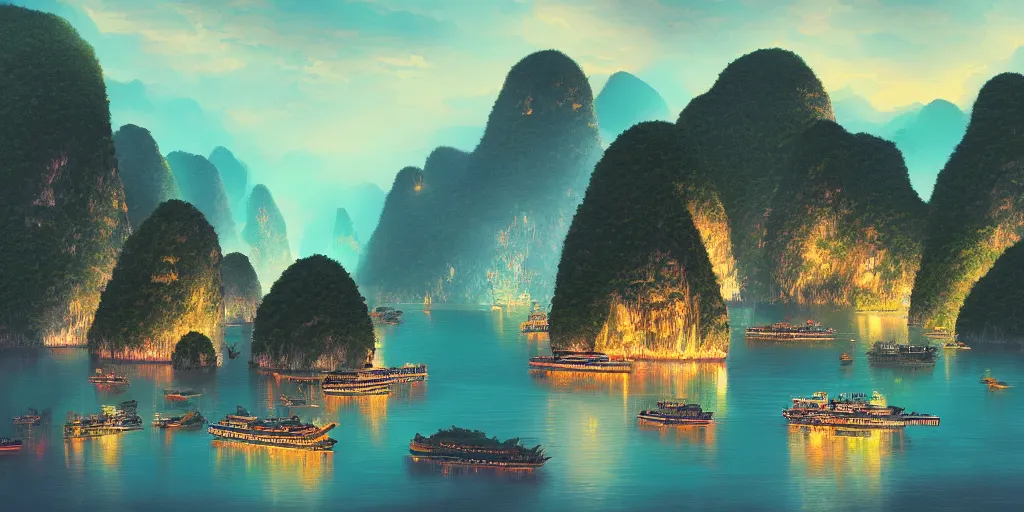 Image similar to halong bay vietnam, by dan mumford, artstation, behance, highly detailed, concept art, dramatic lighting