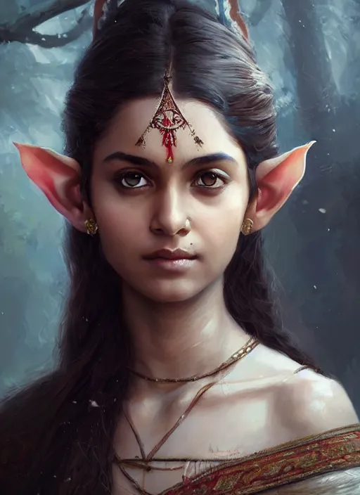 Prompt: Portrait of Indian girl with elven ears, realistic, detailed, 4k by Greg Rutkowski Mark Arian trending on artstation