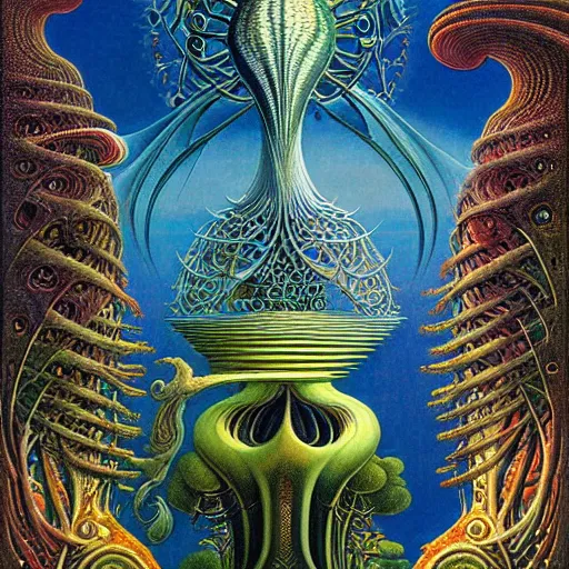 Prompt: divine chaos engine by roger dean and andrew ferez and daniel merriam, symbolist, visionary, art forms of nature by ernst haeckel