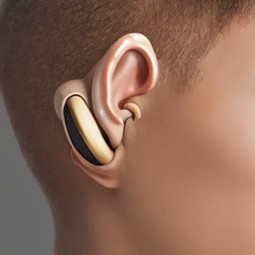 Image similar to a single beige truly wireless earbud with gold accents, beige case, studio, product photo