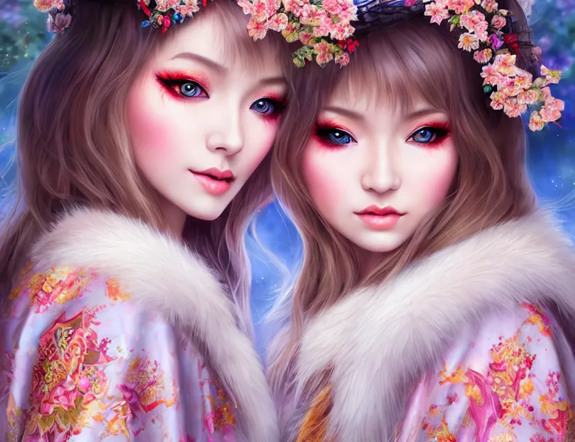 Image similar to two beautiful fashion siberian girls wear fantasy kimono in festival | | big eyes, sunny, dreamlike art, realistic shaded, smile, good looking, hyper details, 4 k realistic, cryengine, realistic shaded lighting poster by artgerm, ross tran, fuji choko, loish, 8 k resolution, trending on artstation, luxury